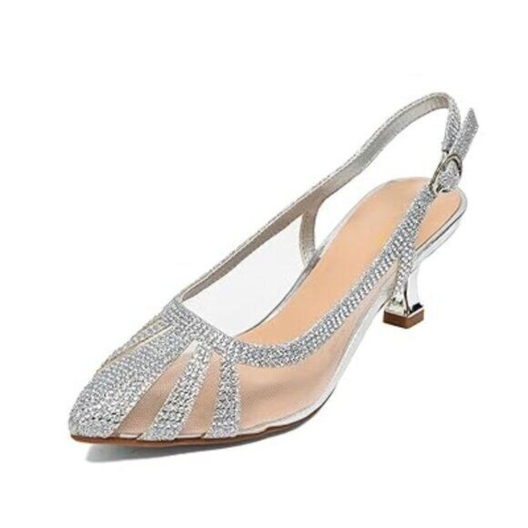 XYD Women Bridal Slingback Heels Pumps Closed Pointed Toe Slip On Mesh Rhineston - Picture 1 of 8